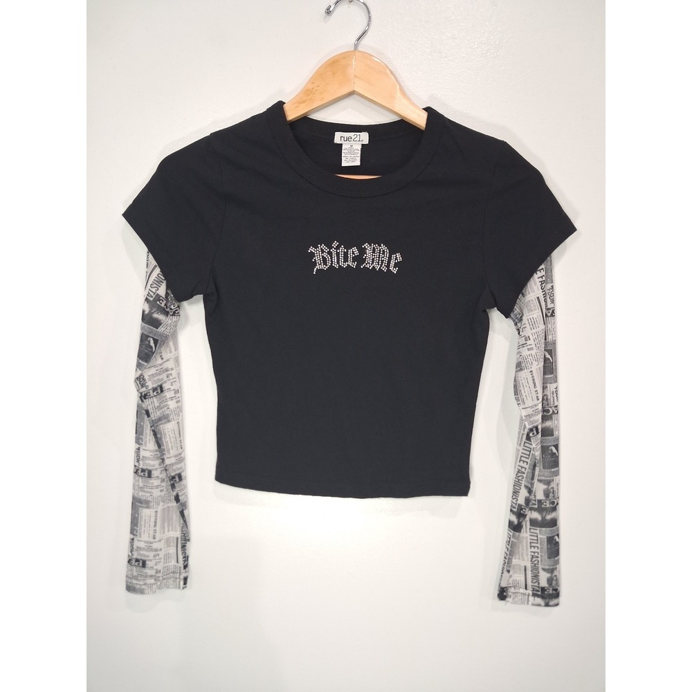 Rue21 Bite Me Rhinestone‎ Newspaper Print Layered Mesh Sleeve Top Black Grunge M